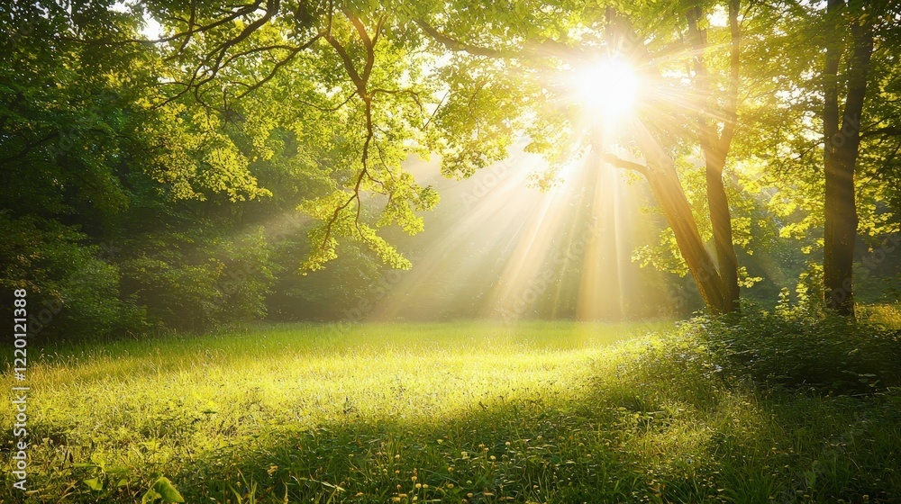 Obraz premium Sunlight Streaming Through Trees in Serene Green Forest Clearing
