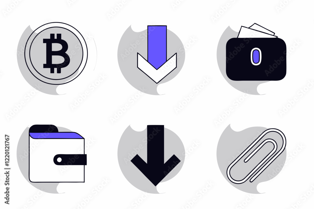 Cryptocurrency icons, minimalist design, flat illustration, Bitcoin symbol, download arrow, digital wallet, attachment icon, grayscale with blue accents, circular and square shapes, tech iconography, Cryptocurrency icons, minimalist design, flat illustration, Bitcoin symbol, download arrow, digital wallet, attachment icon, grayscale with blue accents, circular and square shapes, tech iconography,