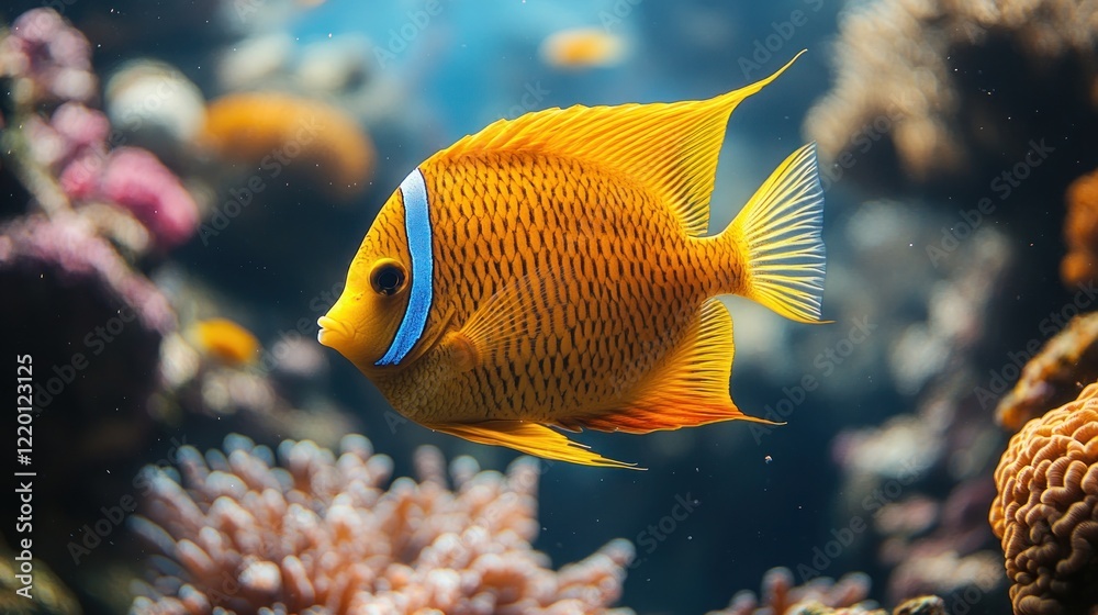 Orange fish swimming aquarium coral reef background