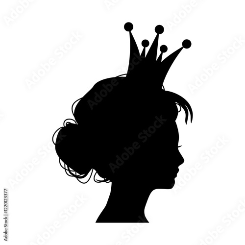 Profile view silhouette of a princess or queen. Cute girl portrait. Fashion branding emblem.