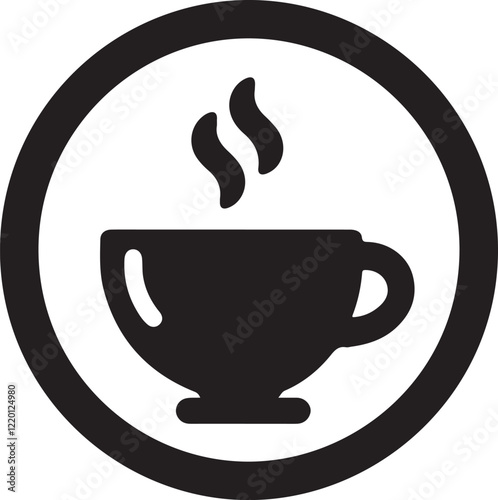 Simplistic Black Coffee Cup Icon with Steam in Circular Layout