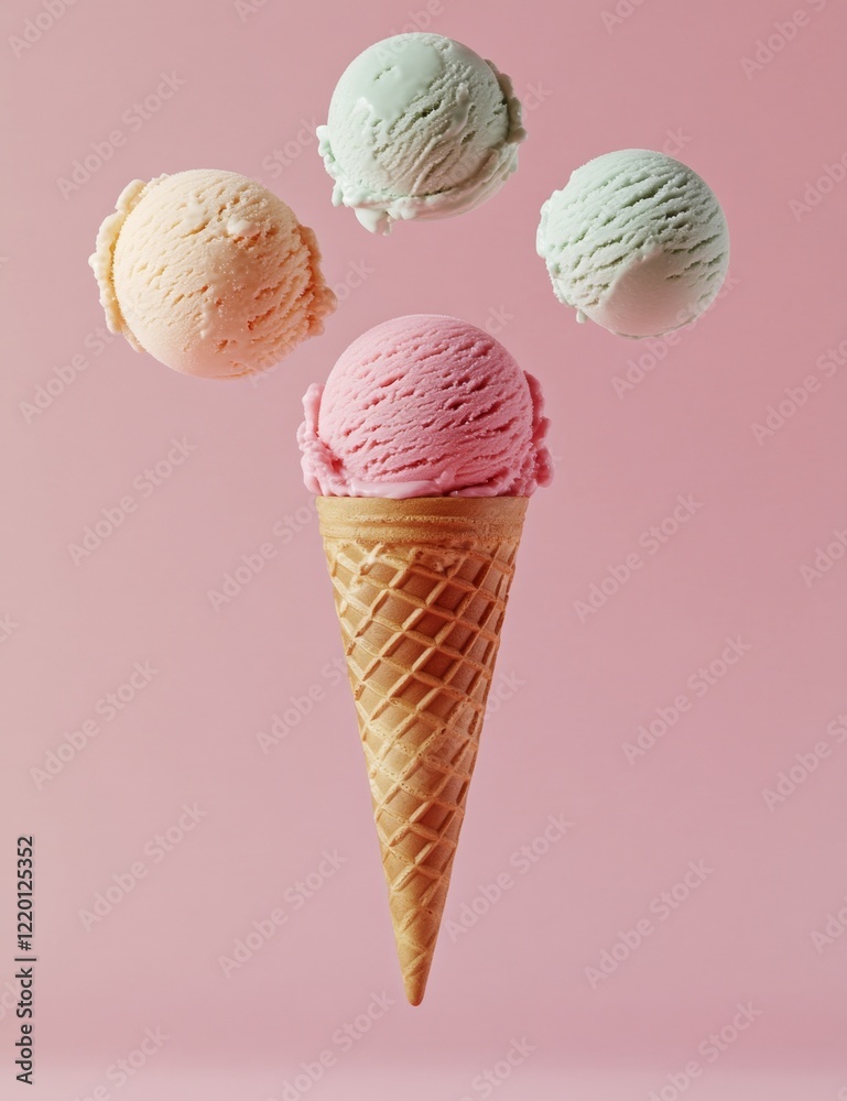 A cone of ice cream with four different flavors of ice cream in it A cone of ice cream with four different flavors of ice cream in it