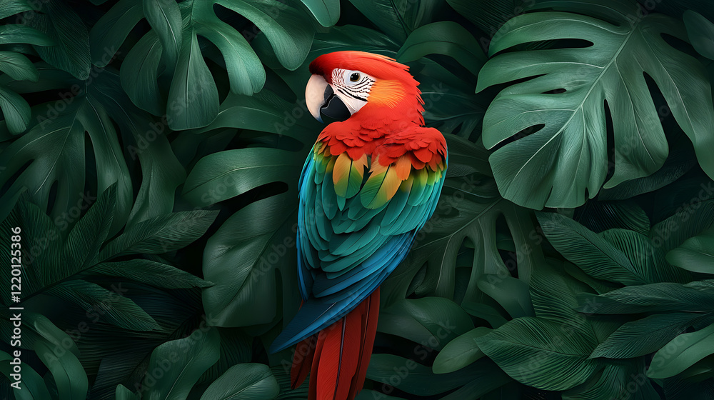 Obraz premium Colorful macaw parrot in lush tropical jungle wildlife photography vibrant greenery close-up view