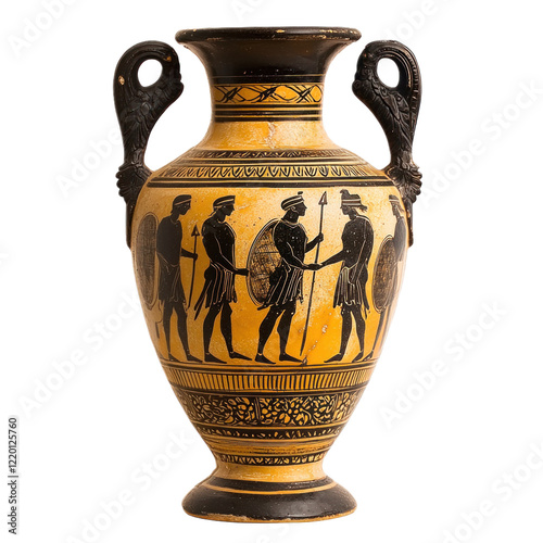 A classic Greek vase with black-figure artwork and handles, isolated on a transparency background photo