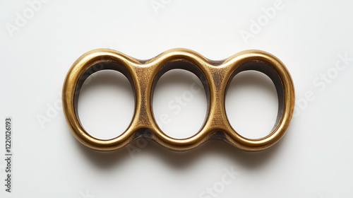 Close-up of a brass three-ring knuckle duster on a white background. photo