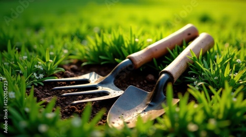 Gardening tools resting in lush green grass and fertile soil, bathed in the warm glow of sunlight, symbolizing spring growth and the joy of cultivating nature.