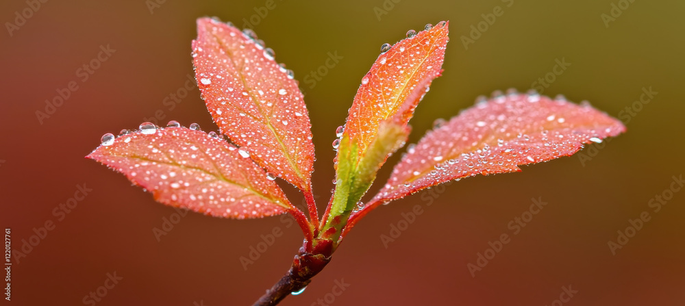 Freshly sprouted leaves with water droplets on branch against blurred background Freshly sprouted leaves with water droplets on branch against blurred background
