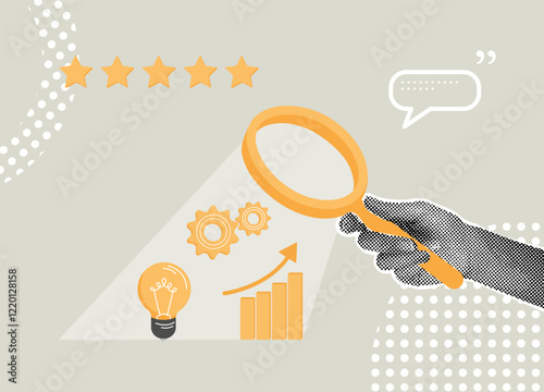 Trend halftone collage. Data analysis concept, goal achievement review, SEO or optimization concept, employee performance appraisal, performance appraisal. Hand uses a magnifying glass to analyze an