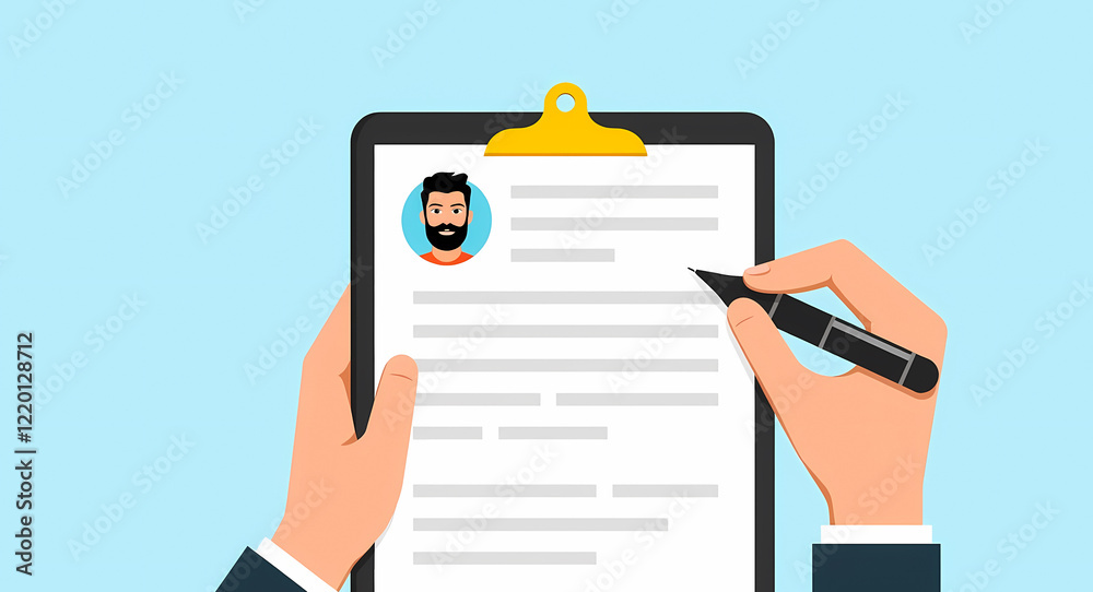 hand carefully filling out an application form on a clipboard hand carefully filling out an application form on a clipboard