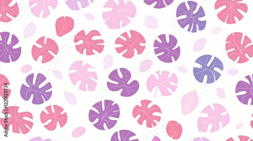 Wallpaper Mural Pattern on a white background with pink and purple monstera leaves, simple shapes, and a cute design. Torontodigital.ca