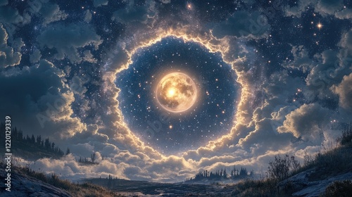 A vast galaxy arch stretches over the landscape, with the full moon glowing in its middle, surrounded by clusters of stars and wispy clouds, forming a cosmic 