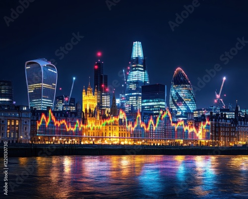 Research reveals trends for better marketing. City skyline at night with colorful lights and reflections on water. photo