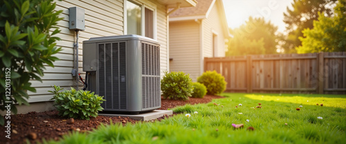 Air conditioning unit in residential backyard