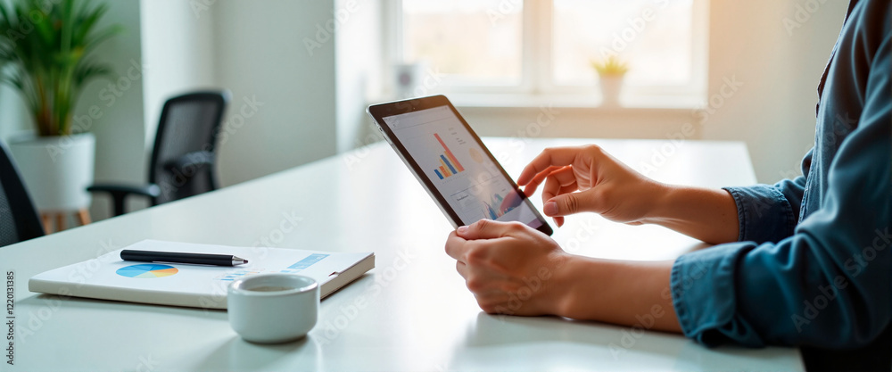 Fototapeta premium Person using tablet to analyze graphs in modern office