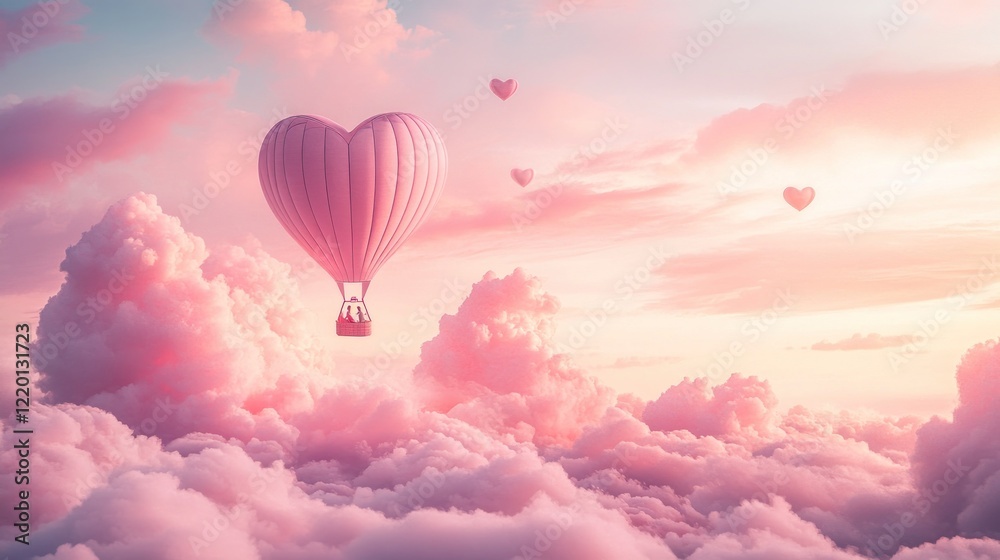 Obraz premium Heart-shaped Hot Air Balloon in Pink Clouds A Dreamy Escape