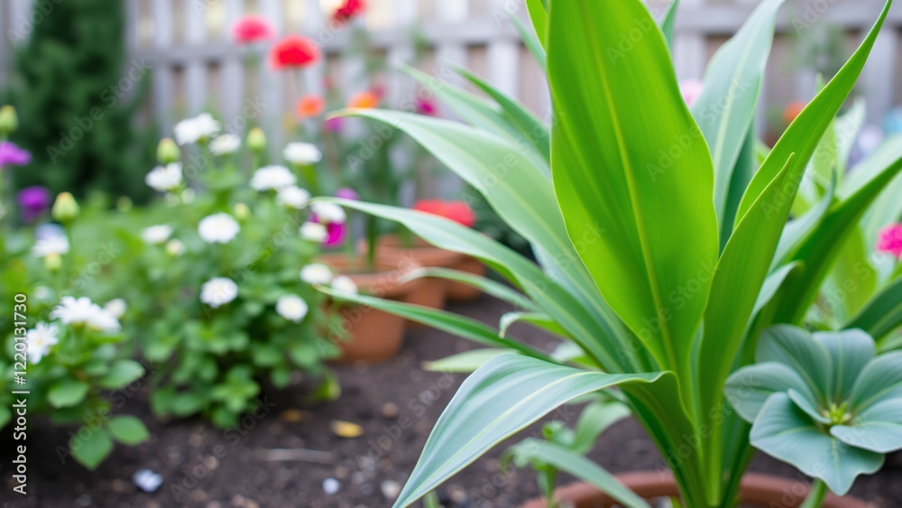 Obraz premium Lush Green Plant in a Vibrant Flower Garden