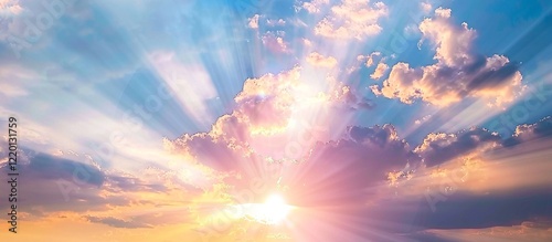 Heavenly sunrise. Peaceful pastel colors paint the sky as sun rays burst through the clouds.