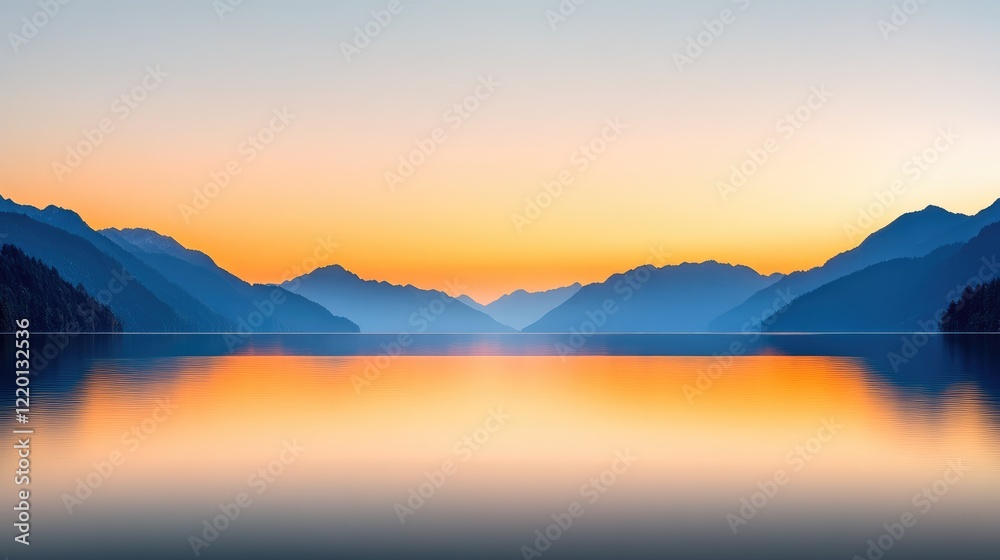 Serene sunset over tranquil lake surrounded by mountains, reflecting vibrant colors in calm waters Serene sunset over tranquil lake surrounded by mountains, reflecting vibrant colors in calm waters