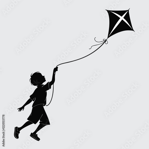 A-child-flying-a-kite image silhouette vector art and illustration