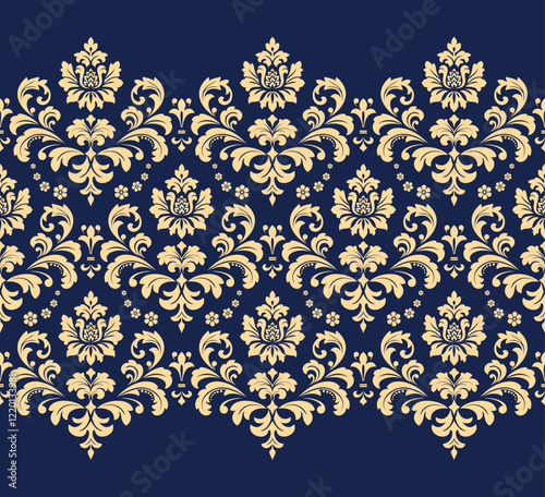 Wallpaper in the style of Baroque. Seamless vector background. Golden and dark blue floral ornament. Graphic pattern for fabric, wallpaper, packaging. Ornate Damask flower ornament