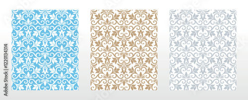 Wallpapers in the style of Baroque. Seamless vector backgrounds. Set of colored floral ornaments. Graphic patterns for fabric, wallpaper, packaging. Ornate Damask flower ornaments