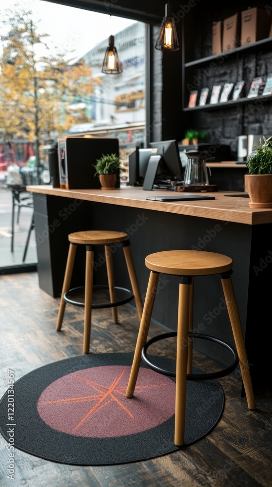 Fototapeta premium Modern Cafe Interior Wooden Stools Dark Decor City View