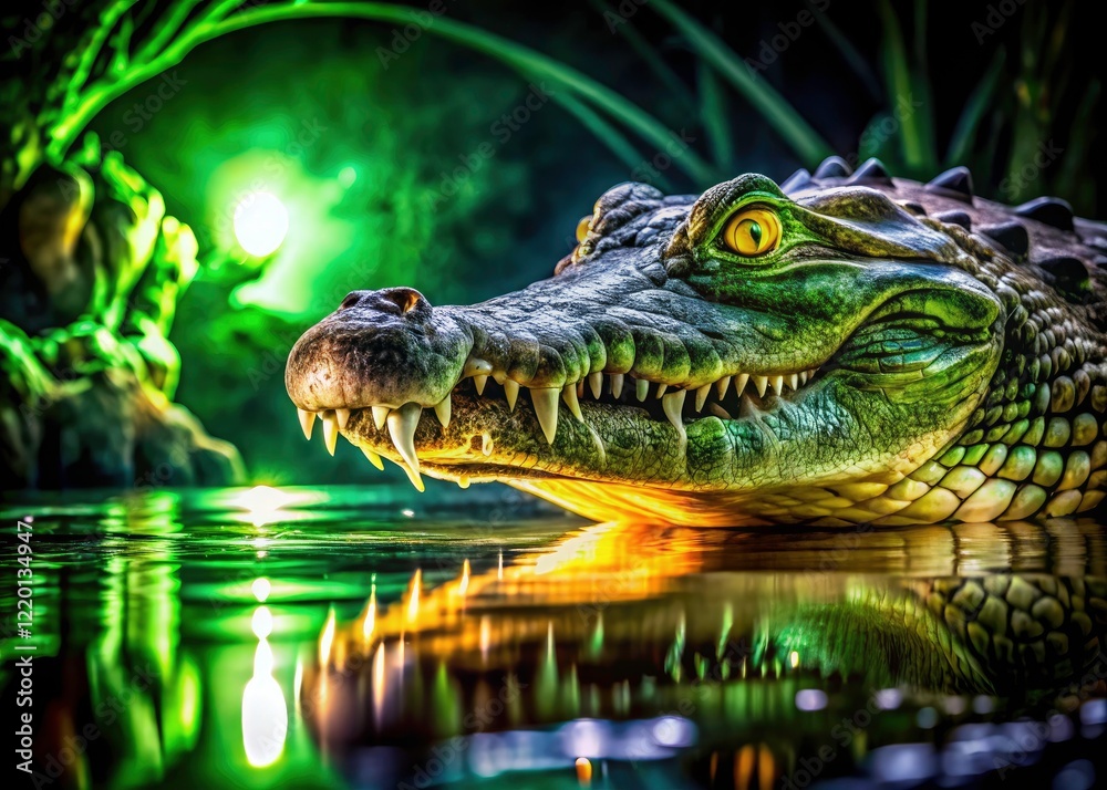 Fototapeta premium Africa's night safari reveals a dangerous green river crocodile, its eyes gleaming in the dark, a wildlife photographer's thrilling subject.