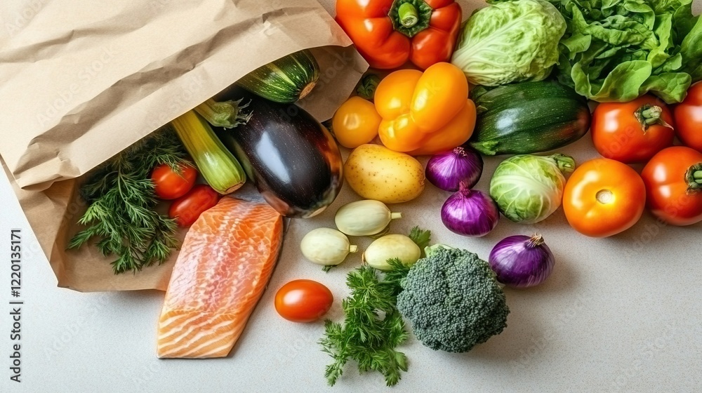 Flat lay of colorful fresh groceries, with salmon fillet and vegetables spilling from a paper bag, modern minimalist design Flat lay of colorful fresh groceries, with salmon fillet and vegetables spilling from a paper bag, modern minimalist design