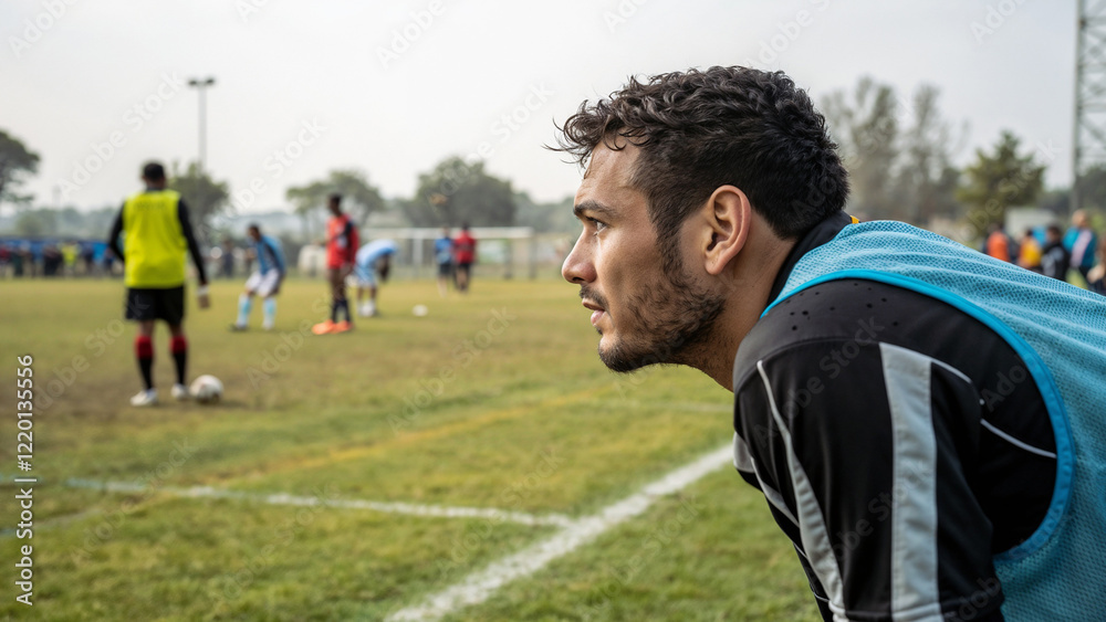 Fototapeta premium Soccer player focused on the game from the sidelines, observing teammates preparing to kick at goal 