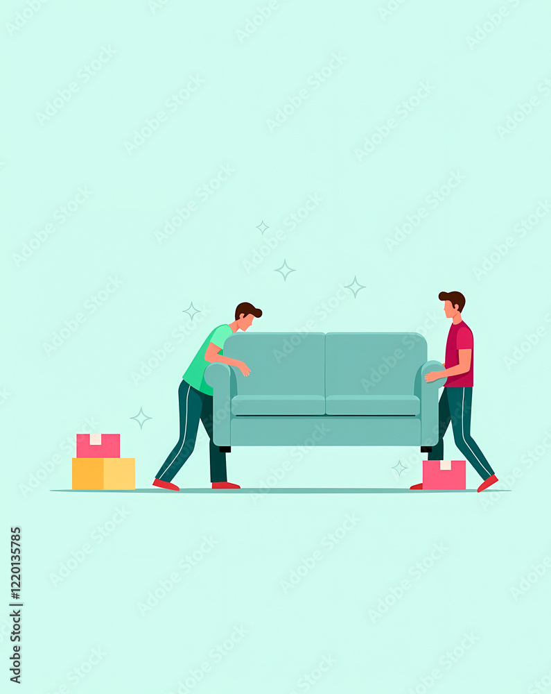 two men cooperatively moving a teal sofa two men cooperatively moving a teal sofa