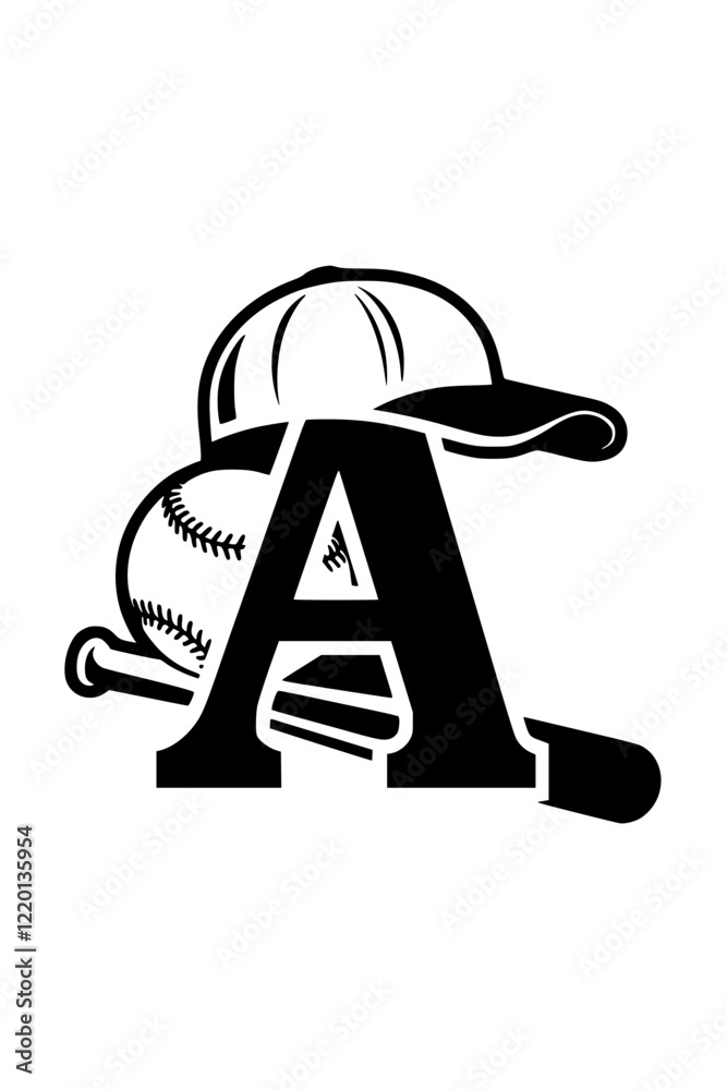 Baseball cap and bat with letter A, Black and white sports-themed illustration featuring a baseball cap, bat, and ball integrated with the letter A, representing baseball culture and teamwork.
Baseball cap and bat with letter A, Black and white sports-themed illustration featuring a baseball cap, bat, and ball integrated with the letter A, representing baseball culture and teamwork.