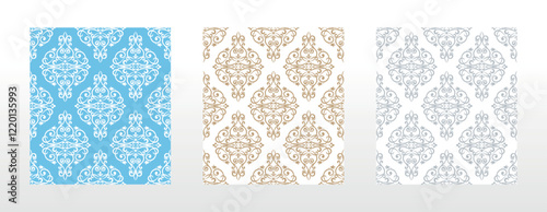 Wallpapers in the style of Baroque. Seamless vector backgrounds. Set of colored floral ornaments. Graphic patterns for fabric, wallpaper, packaging. Ornate Damask flower ornaments