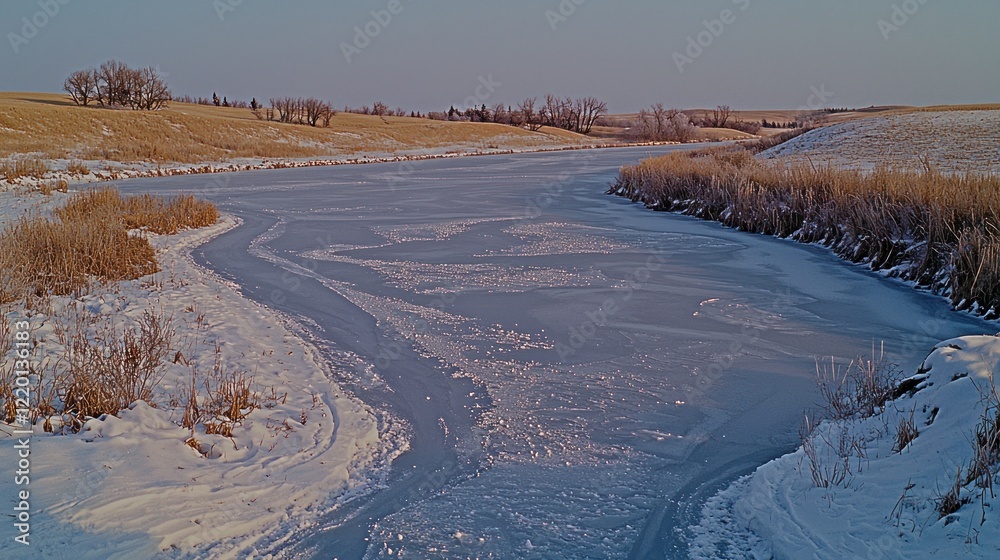 Frozen river, winter landscape, prairie, sunrise, nature, serene, background, travel Frozen river, winter landscape, prairie, sunrise, nature, serene, background, travel