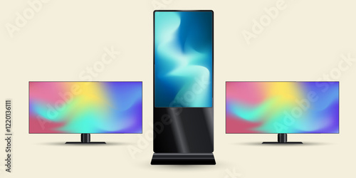 Set of three different modern flat-screen monitors or TV mock up with a sleek, with minimalistic black frame and stand. Three display showcases a vibrant gradient of colors vector, illustration.