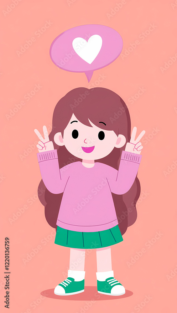 joyful girl playfully displaying peace signs with a heart-shaped speech bubble above her joyful girl playfully displaying peace signs with a heart-shaped speech bubble above her