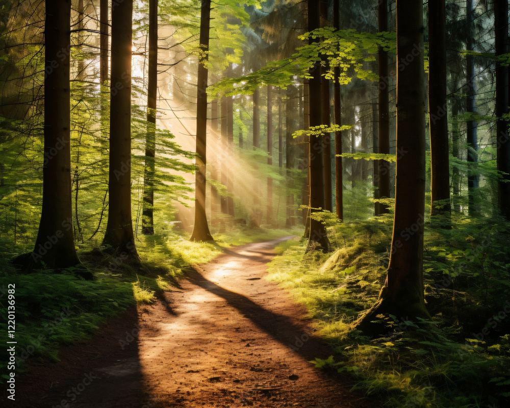 Obraz premium Path through a forest with grass and trees is illuminated by the sun