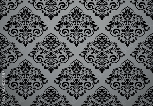 Wallpaper in the style of Baroque. Seamless vector background. Gray and black floral ornament. Graphic pattern for fabric, wallpaper, packaging. Ornate Damask flower ornament