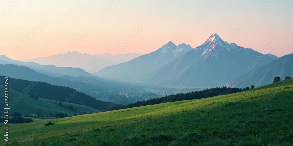 Naklejka premium Serene Sunset Panorama Over Rolling Green Hills and Majestic Mountains