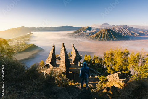Tourist at Seruni Point Mount Bromo volcano (Gunung Bromo). Bromo Tengger Semeru National Park, East Java, Indonesia.