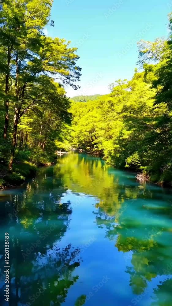 river flows through a lush, green forest, with leaves softly swaying in the breeze river flows through a lush, green forest, with leaves softly swaying in the breeze