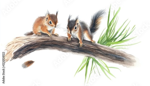 Two playful squirrels exploring a wooden branch amidst green grass in a serene natural setting