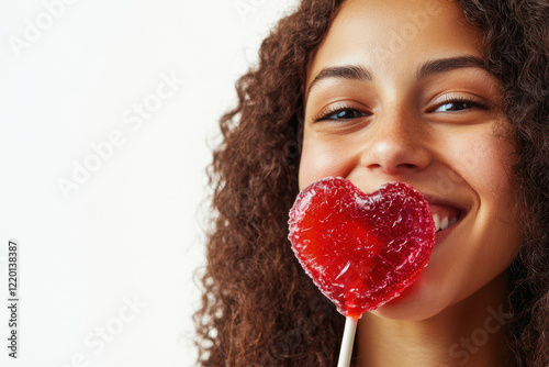 Close up portrait of a happy young woman with a red valentine love heart lollipop