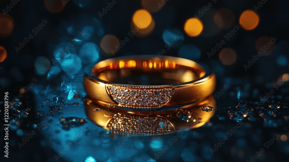 Golden Wedding Ring with Diamonds, Sparkling Reflection Golden Wedding Ring with Diamonds, Sparkling Reflection