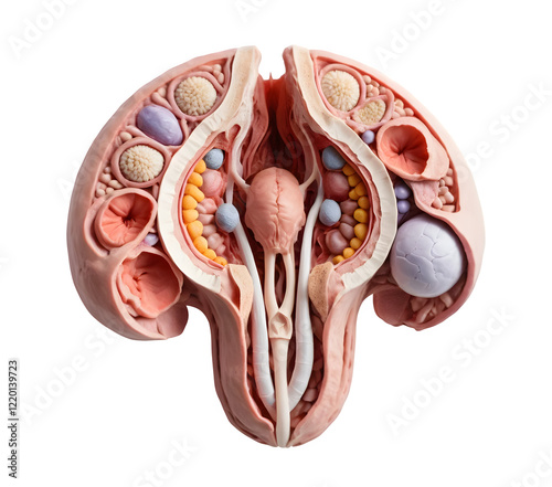 An anatomically accurate model of the uterus and ovaries displaying common pathologies such as endometriosis, adhesions, fibroids, salpingitis, cysts, pedunculated fibroid tumors, polyps, and differen photo