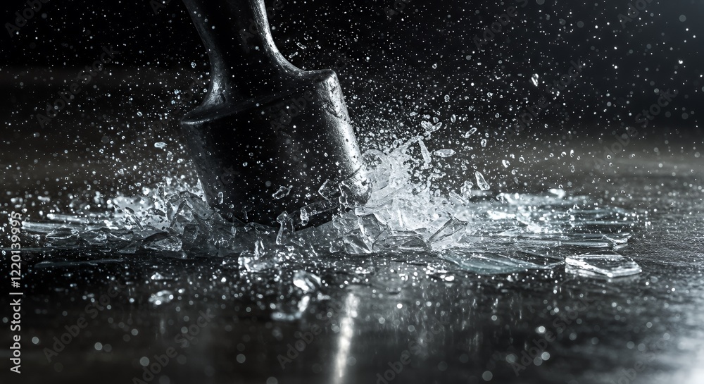 Obraz premium A dark mallet shattering ice into many pieces