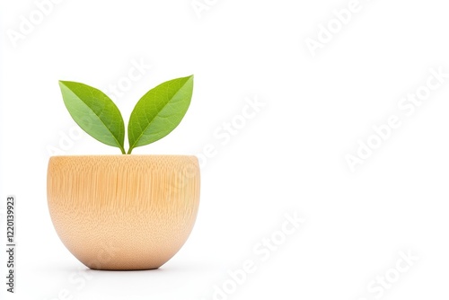 A minimalistic wooden pot with vibrant green leaves sprouting, set against a clean white background