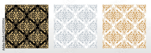 Wallpapers in the style of Baroque. Seamless vector backgrounds. Set of colored floral ornaments. Graphic patterns for fabric, wallpaper, packaging. Ornate Damask flower ornaments
