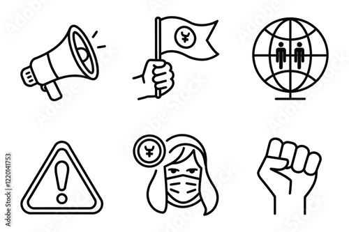 Minimalist protest icons set in EPS format, black line art activism symbols including megaphone and raised fist, social movement and political demonstration graphics for web and print media.