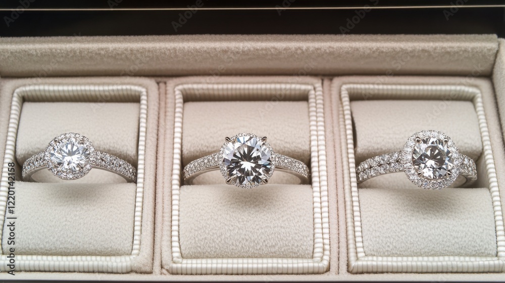 Obraz premium Close-up of luxury engagement rings in velvet boxes, arranged in a high-end jewelry store window.