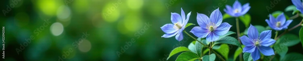 Delicate blue clematis blooms against a lush green foliage background, botanicals, gardening Delicate blue clematis blooms against a lush green foliage background, botanicals, gardening